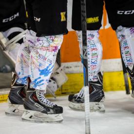 MaxSold Auction: Hockey Socks that were game worn by the Kingston Frontenacs on Friday, March 20, 2015 for the World Down Syndrome Day Game, when the Kingston Frontenacs beat the Oshawa Generals 2-1. Each sock has been autographed by the player who wore it.

The sock was designed by Pip, Noal, and Tara McCallan of the Happy Soul Project and the net proceeds of this auction will be donated to support Happy Soul Projects Kick-It Capes.

Preview and Pickup Location: 1 The Tragically Hip Way, Kingston, ON K7K 2X9 Map   (in the The Frontenacs Originals powered by Reebok Store at Rogers K-Rock Centre.)